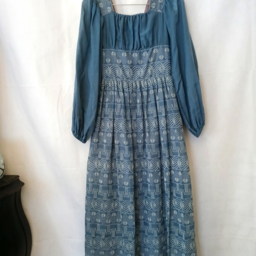 VTG 70s Candi Jones Maxi Dress XS Blue Hippie Boho Cottagecore Farmhouse Prairie